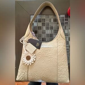 Elegant Genuine Leather Cream Embossed Shoulder Bag.